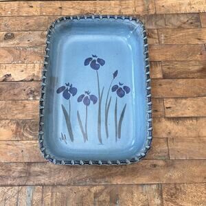 Studio Art Pottery Handmade Decor Tray 13" Blue Flowers Textured Rim